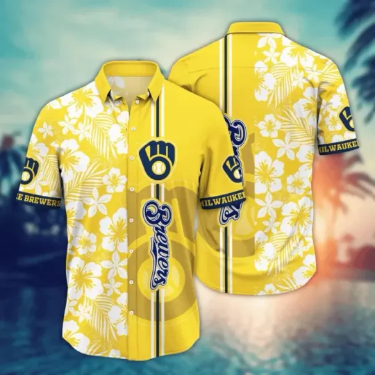 Discover Milwaukee Brewers Hibiscus Stripe Hawaiian Shirt