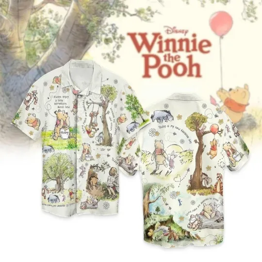 Discover Vintage Winnie the Pooh Button Shirt, Disney Cartoon Floral Hawaiian Shirt