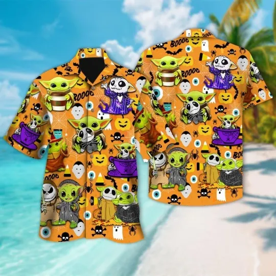 Discover Baby Yoda Halloween Hawaii Shirt, Starwar Movie Button Up Shirt, Galaxy Hawaiian