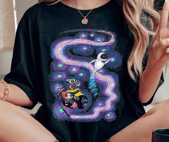 Discover Retro Wall-E And Eve Cosmic Stars Comfort Colors Shirt, Couple Matching T-shirt, 2024 Family Trip, Magic Kingdom Tee