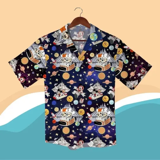 Discover Space Theme Mickey Minnie Hawaiian Shirt Funny Galaxy Print Shirt Cartoon Astron