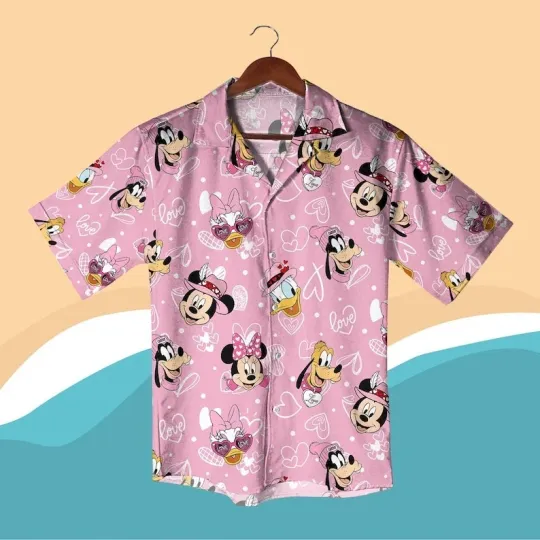 Valentine Mickey and Friends Hawaiian Shirt, Mickey Minnie Donald Goofy Daisy Shirt