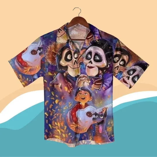 Discover Day of the Dead Hawaiian Shirt, Colorful Skeleton Guitar Print, Unisex Festival