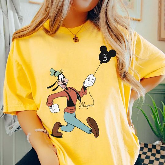 Discover Custom Kid Name Age Goofy With Mickey Balloon Comfort Colors Shirt