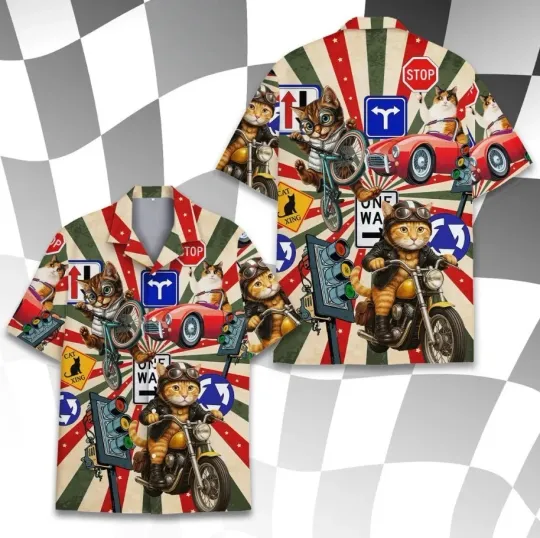 Discover Racing Cat Hawaiian Shirt Men Women Youth, Vintage Cat Print Shirt