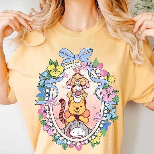 Discover Retro Disney Winnie The Pooh Floral Coquette Bow Shirt, Cute Pooh Bear and Friends Tee, Disney Group Shirt, Disneyland Family Trip Outfit