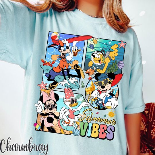 Discover Colorful Disney Summer Vibes Shirt, Mickey And Friends Summer Beach Tee, Disney Family Vacation Shirt, Disneyland Summer Trip Outfit