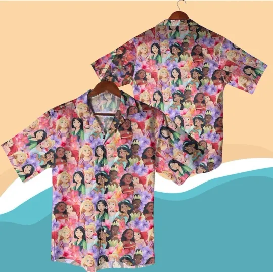 Discover Cartoon Princess Hawaiian Shirt, Floral Vacation Outfit, Summer Beach