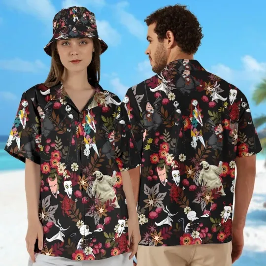 Discover The Nightmare Before Christmas Floral Hawaiian Shirt, Jack And Sally with Beach