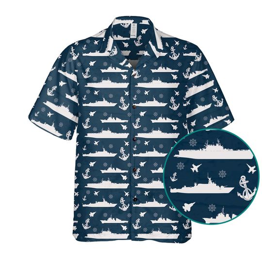 Navy Hawaiian Shirt with Warship and Fighter Jet Pattern for Navy Fans