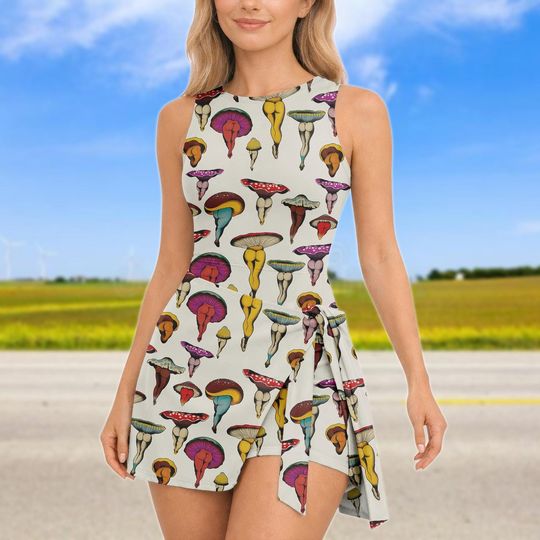 Discover Vintage Mushroom Tennis Dress Skirt, Nature Love Women Dress, Mushroom Collection Dress, Summer Outfit For Her, Tropical Dress Skirt