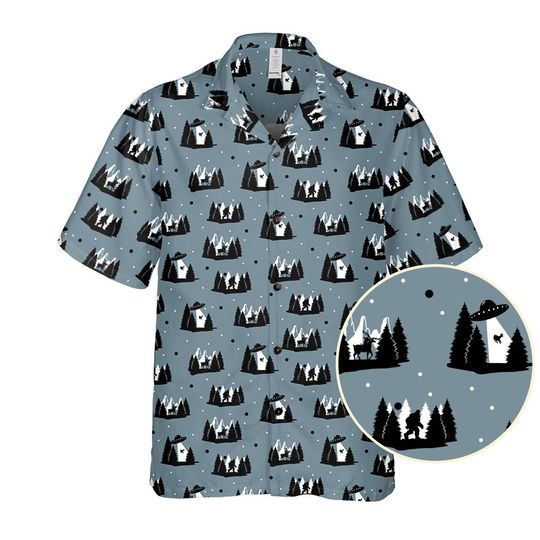 Discover Bigfoot UFO Hawaiian Shirt, Sasquatch Alien Button-Up, Cryptid Pattern, Supernatural Events
