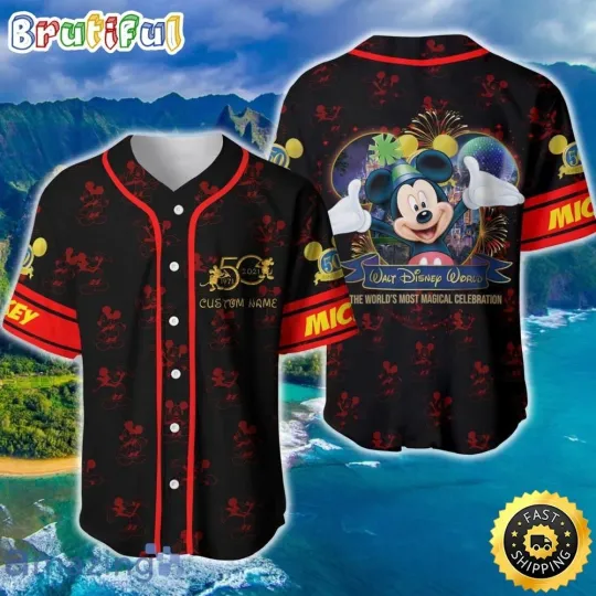 Discover Mickey Mouse Red Disney 50th Anniversary Baseball Jersey