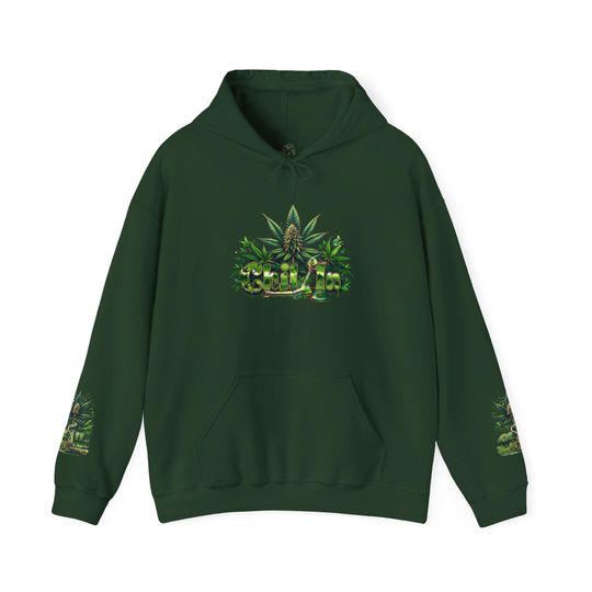 Discover Hoodie Cannabis Leaf Chill in Logo Hoodie | Green Marijuana Graphic Sweatshirt, Style, warmth, Gatherings,