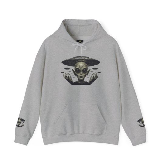Discover Hoodie Alien and spaceships, UFO Extraterrestrial Graphic Hoodie sweatshirt, striking alien visage on the chest, back, and sleeves