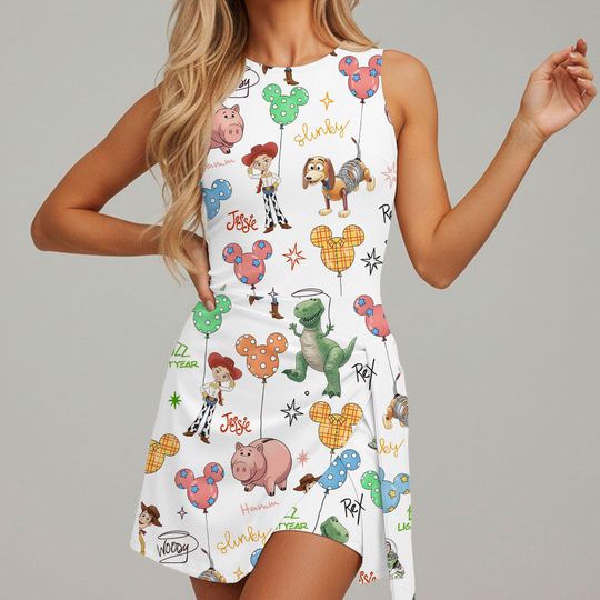 Toy Story Slinky Dog Woody Balloon Signatures Tennis Dress Skirt, Disney World Toy Story Dress, Disney Tennis Dress Skirt