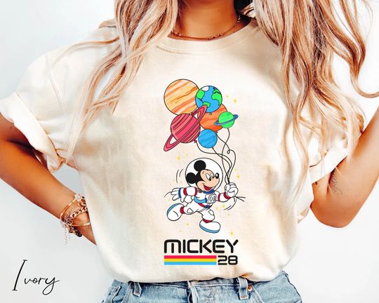 Discover Mickey Mouse Retro 28 Space Badge Disney Shirt, Mickey Mouse Astronaut In Space Shirt, Mickey Planet Balloons Tee, Disneyland Family Trip