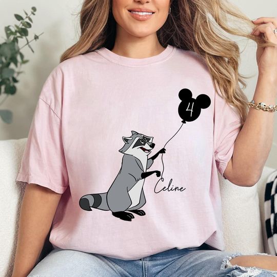 Discover Custom Kid Name Age Meeko With Mickey Balloon Shirt, Cute Disney Pocahontas Raccoon Birthday T-shirt