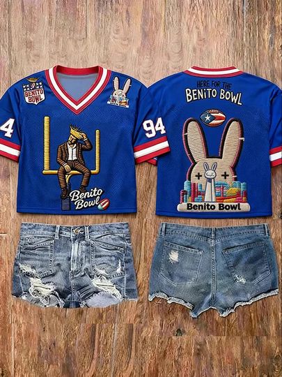 Discover Bad Bunny Super Bowl Merch 2026, Here For The Benito Bowl Crop Top Jersey, Half Time Show Football Jersey Shirt, Game Day Gifts For Sister