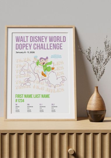 Discover Disney Dopey Challenge Art | Run Disney Poster | Disney Marathon Weekend Print | Runner Gift | Personalized Race Keepsake | Digital Download
