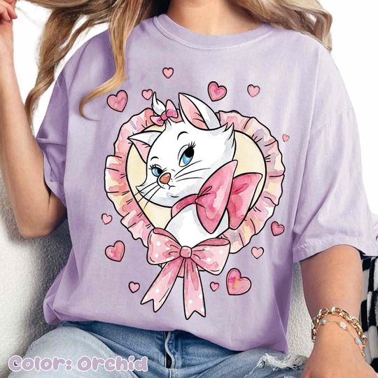 Discover Retro Marie The Aristocats Coquette Bow Heart Shirt, Cute Disney Cat Tee, Romantic Cat Lover Shirt, Disneyland Valentine's Gift for Her
