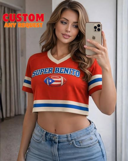 Discover Benito Crop Top Mesh Football Jersey, Puerto Rico Flag Crop Top Football Jersey Shirt, Gift for Unisex