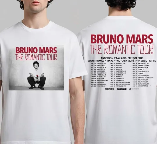 Discover Bruno Mars The Romantic Tour 2026 Schedule Dates Two Sided T-Shirt