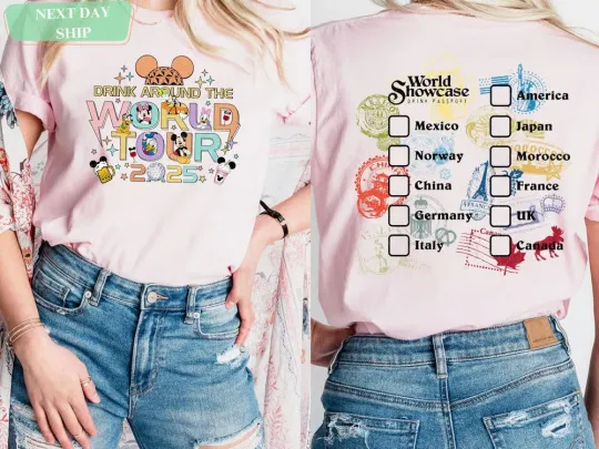 Discover Epcot World Tour 2025,2026 T-Shirt: Mickey and Friends Drinking Team