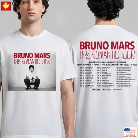 Discover Trending Bruno Mars The Romantic Tour 2026 Schedule Dates Two Sided T-Shirt