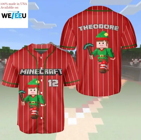 Mine*craft Christmas Elf Baseball Jersey Holiday Gaming Uniform Gift