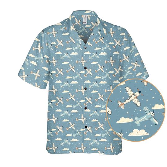 Discover Vintage Airplane Pattern Hawaiian Shirt for Men, Aviation Pilot Travel Vacation Top, Plane Lover Gift