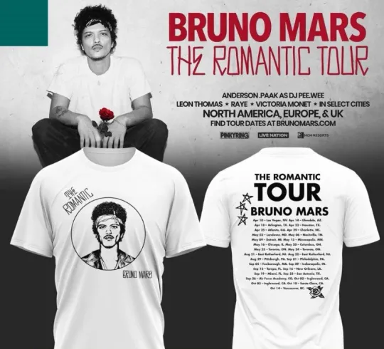 Discover Bruno Mars The Romantic Tour 2026 Celebration T-Shirt