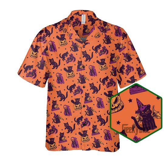 Discover Halloween Hawaiian Shirt with Black Cats and Witches Prints