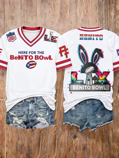 Bad Bunny Super Bowl Merch 2026, Here For The Benito Bowl V-Neck, Bad Bunny T-Shirt, San Francisco Halftime Show Merch, Music Gift Idea