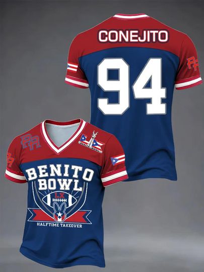 Discover Bad Bunny Super Bowl Merch 2026, Benito Bowl V-Neck Shirt, Puerto Rican Football Clothing, Bad Bunny Music Lover Gift