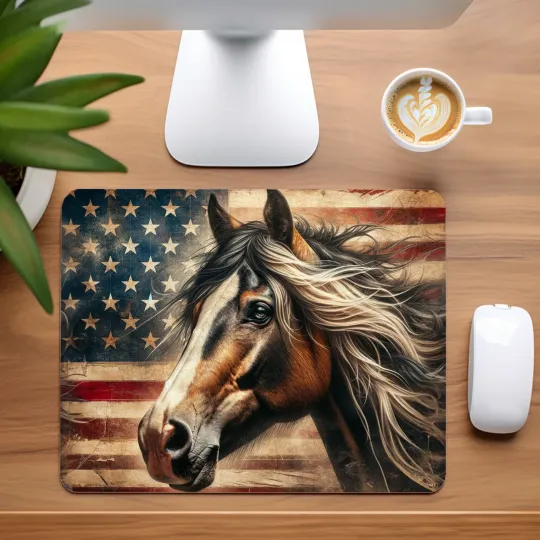 Discover Horse with American Flag Mouse Pad for Home Office