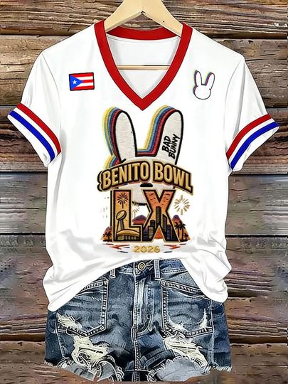 Discover Bad Bunny Super Bowl V-neck 2026, Benito Bowl Shirt, Womens Puerto Rican Football Merch, Bowl Bunny LX Shirt, Puerto Rico Music Gift