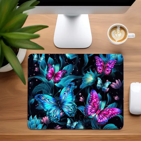 Discover Glowing Butterflies Mouse Pad for Home Office