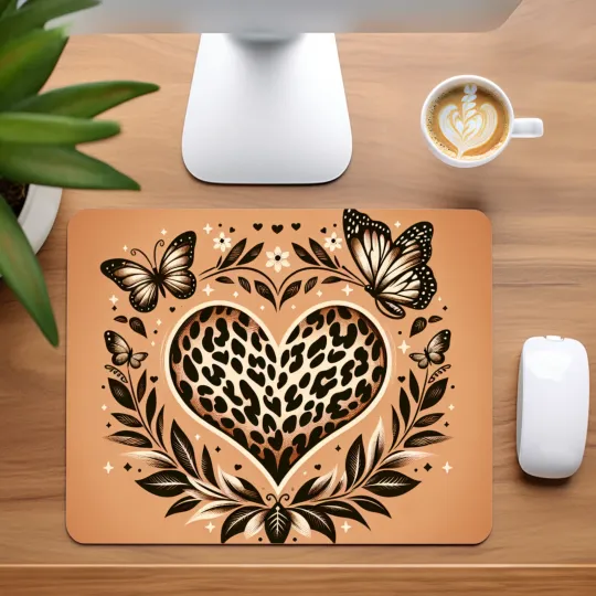 Discover Leopard Print Heart with Butterflies Mouse Pad for Home Office