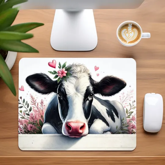 Discover Cow with Flowers Mouse Pad for Home Office
