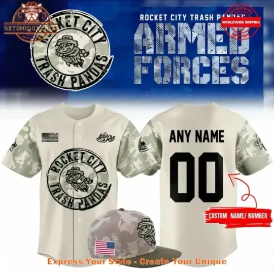 Custom Rocket City Trash Panda Armed Forces 2025 Baseball Jersey