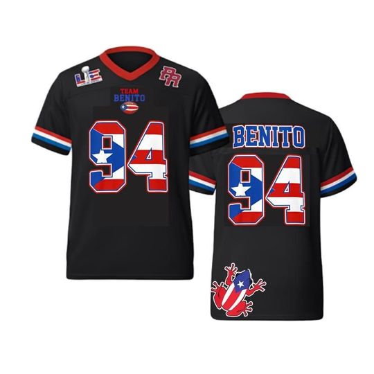 Discover Benito Puerto Rico Football Jersey Boricua Benito Bowl LX Halftime 2026 Jersey Here For The Benito V-Neck Top,Music Concert Outfit Gift Idea