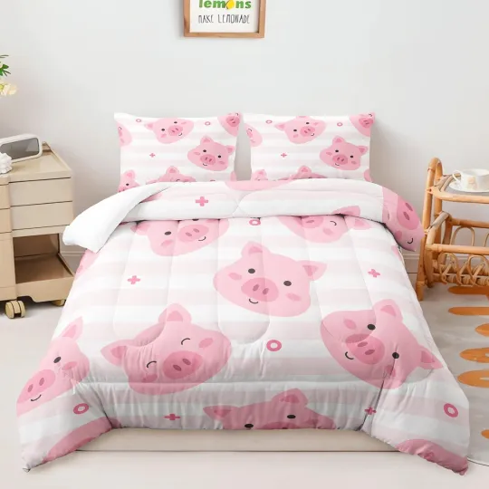 Discover Kids Cute Pig Comforter Set Full Size,Cartoon Pig Bedding Set All Season,Kawa...