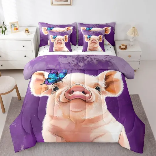 Discover Kids Cute Pig 7 Piece Bedding Set Full Size, Cartoon Pink Pig Bed in a Bag fo...