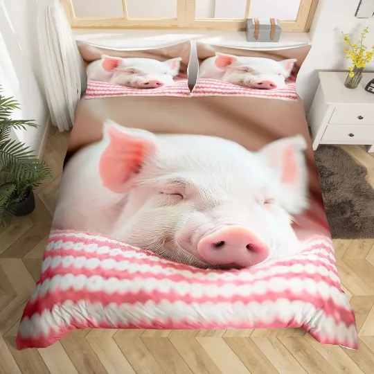 Discover Cute Pig Bedding Set Queen,Sleeping Pig Comforter Cover for Boys Girls,Kids P...