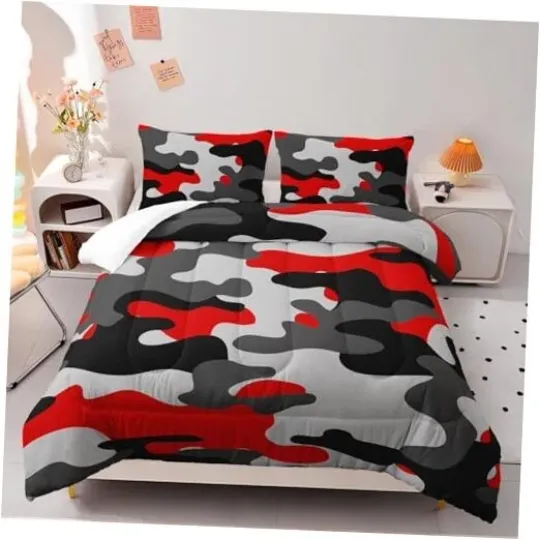 Discover Comforter Set for Girls Men，Sizeuflage Bedding Sets for Kids Twin Red Camo
