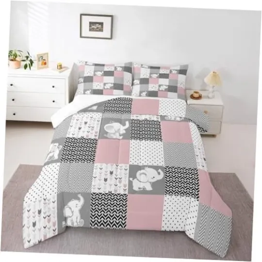 Discover Cute Elephant Comforter for Boys Kids Girls Pink Grid Full Elephant 04