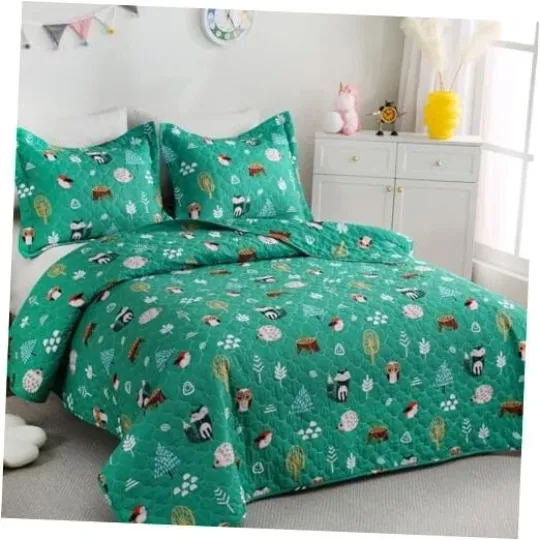 Discover Green Forest Animals Quilt Set for Boys Size Kids Bedding Queen Animal Forest