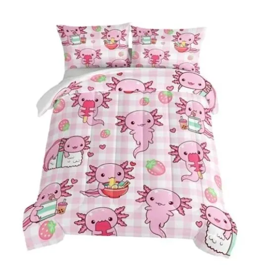 Discover Axolotl Comforter Set Size for Kids Girls,Cartoon Axolotl Eat Queen Pink