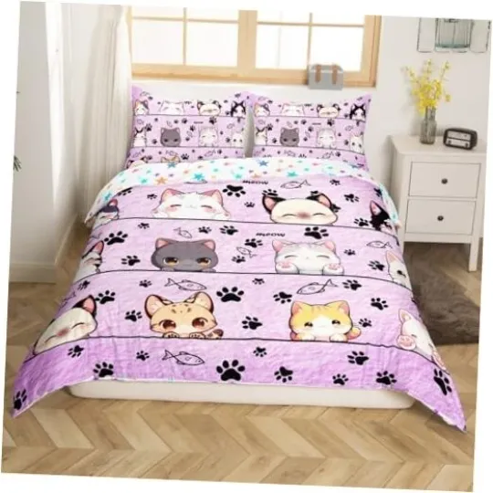 Discover Cartoon Cat Bedding Set Size,Kitten Kitty Pet Purple Duvet Twin Light Purple